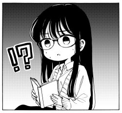Rule 34 | !?, 1girl, book, border, buttons, cardigan, collared shirt, commentary, dress shirt, glasses, gradient background, grey background, greyscale, himawari-san, himawari-san (character), holding, holding book, long hair, long sleeves, lowres, monochrome, open book, parted lips, reading, shirt, solo, sugano manami, sweat, upper body, white border