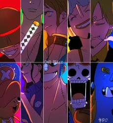 Rule 34 | 2girls, 6+boys, blonde hair, blue jacket, blue skin, bracelet, brook (one piece), cigarette, closed eyes, colored skin, commentary, copyright name, curly eyebrows, cyborg, eyewear on head, facial hair, feichangkou, fish boy, franky (one piece), goatee, hat, headphones, highres, jacket, jewelry, jinbe (one piece), log pose, long nose, monkey d. luffy, multiple boys, multiple girls, nami (one piece), nico robin, one piece, open mouth, roronoa zoro, sanji (one piece), scar, scar on face, shirt, sidelocks, skeleton, smile, smoke, straw hat, striped clothes, striped shirt, sword, tony tony chopper, usopp, vertical-striped clothes, vertical-striped shirt, weapon