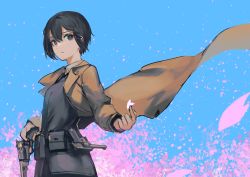 Rule 34 | 1girl, absurdres, androgynous, black eyes, black hair, blue background, breasts, brown coat, coat, commentary, fixro2n, gun, handgun, highres, holding, holding gun, holding petal, holding weapon, kino (kino no tabi), kino no tabi, long sleeves, petals, pouch, reverse trap, revolver, short hair, simple background, small breasts, solo, weapon