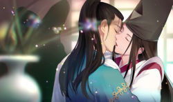 Rule 34 | 2boys, antatika, bishounen, black hair, blurry, brown hair, couple, depth of field, earrings, closed eyes, face-to-face, fujiwara no sai, hair pulled back, hand on another&#039;s shoulder, hand up, hat, high ponytail, highres, hikaru no go, honninbou shuusaku, indoors, japanese clothes, jewelry, kariginu, kimono, kiss, light particles, lips, long hair, male focus, multiple boys, parted lips, ponytail, portrait, red lips, shadow, sidelocks, sleeves past fingers, sleeves past wrists, stud earrings, tate eboshi, vase, yaoi