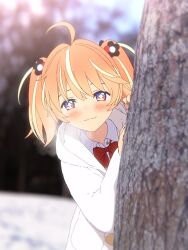 Rule 34 | + +, 1girl, 3d, :3, ahoge, artist request, behind tree, blender (medium), blonde hair, blurry, blurry background, blush, bow, bowtie, breath, bright pupils, closed mouth, collared shirt, commentary request, day, hands up, highres, hood, hood down, hoodie, long sleeves, looking at viewer, medium hair, multicolored eyes, multicolored hair, orange hair, outdoors, pink eyes, purple eyes, red bow, red bowtie, rinne (rinrinne), rinrinne, shirt, smile, solo, split mouth, standing, streaked hair, tree, two side up, upper body, virtual youtuber, white hoodie, white pupils, white shirt, winter