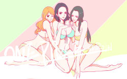 Rule 34 | 3girls, ass, bikini, black hair, boa hancock, breasts, cleavage, curvy, highres, hip focus, large breasts, long hair, multiple girls, nami (one piece), navel, nico robin, one eye closed, one piece, open mouth, orange hair, stomach, swimsuit, thighs