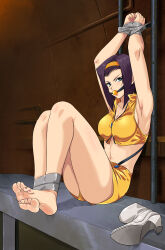 Rule 34 | 1girl, absurdres, armpits, ball gag, barefoot, bdsm, blue eyes, bondage, bound, bound ankles, bound wrists, breasts, cleavage, collarbone, cowboy bebop, crop top, faye valentine, gag, gagged, headband, highres, legs, lipstick, looking at viewer, lost one zero, makeup, medium breasts, midriff, navel, purple hair, shoes, unworn shoes, shorts, solo, tape, tape bondage, thighs