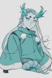 Rule 34 | 1boy, aqua eyes, aqua hair, aqua horns, cropped torso, dated, drruraguchi, grey background, highres, horns, long hair, long sleeves, looking at viewer, luo xiaohei zhanji, pointy ears, rope, simple background, solo, wide sleeves, xuhuai (the legend of luoxiaohei)