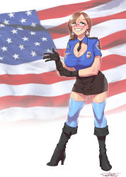 Rule 34 | 1girl, absurdres, american flag, badge, boots, breasts, brown hair, cleavage, cleavage cutout, clothing cutout, earrings, facing viewer, glasses, gloves, green eyes, grin, high heels, highres, huge breasts, jewelry, looking at viewer, melkor mancin, miniskirt, name tag, necktie, parted lips, short hair, signature, skirt, smile, solo, standing, thighhighs, zettai ryouiki