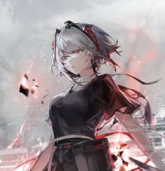 Rule 34 | 1girl, arknights, black shirt, horns, lobelia (saclia), official alternate costume, pouch, red eyes, shirt, short hair, short sleeves, silver hair, solo, upper body, w (arknights), w (fugue) (arknights)
