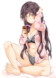 Rule 34 | 1girl, barefoot, blush, bra, cardigan, cellphone, green eyes, hand on own head, holding, holding phone, long hair, long sleeves, looking at phone, love live!, love live! school idol project, low twintails, mogu (au1127), navel, panties, phone, pink cardigan, purple hair, purple scrunchie, scrunchie, sitting, smartphone, solo, tojo nozomi, twintails, underwear, white background
