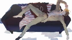 Rule 34 | 1boy, america (hetalia), american flag, arm up, axis powers hetalia, barefoot, belt, blonde hair, brown hair, collared shirt, couch, dated, eyewear on head, from side, full body, glasses, gloves, happy birthday, highres, jacket, knee up, long sleeves, looking at viewer, lying, male focus, messy, messy hair, on back, on couch, outstretched arm, pants, paper, pectoral cleavage, pectorals, quxiaochong, shirt, shirt tucked in, shoes, short hair, single glove, single shoe, solo, white background, white shirt, yellow jacket, yellow pants