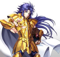 Rule 34 | 1boy, armor, blue hair, breastplate, cape, closed mouth, commentary, faulds, fingernails, floating hair, gauntlets, gemini saga, gold armor, gold saint, green eyes, unworn headwear, helmet, unworn helmet, highres, holding, holding helmet, long hair, looking at viewer, male focus, outstretched hand, parted bangs, reaching, reaching towards viewer, saint seiya, serious, shoulder armor, simple background, solo, standing, symbol-only commentary, white background, white cape, yunoo (cmzkvneld845)