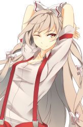 Rule 34 | 1girl, arms behind head, arms up, bow, fujiwara no mokou, hair bow, hair ornament, hair ribbon, long hair, looking to the side, one eye closed, pants, red eyes, reibun (raven1119), ribbon, shirt, short sleeves, simple background, smile, solo, touhou, upper body, white background