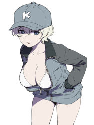 Rule 34 | 1girl, baseball cap, bikini, bikini under clothes, blonde hair, breasts, character request, cleavage, collarbone, copyright request, girls und panzer, hair between eyes, hands in pockets, hat, highres, jacket, large breasts, leaning forward, looking at viewer, onsen tamago (hs egg), parted lips, shaded face, short hair, solo, swimsuit, swimsuit under clothes, white background, white bikini, youko (girls und panzer)
