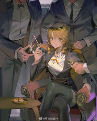 Rule 34 | 1girl, 3boys, animal ears, arknights, armchair, black bow, black bowtie, black headwear, black jacket, black necktie, black suit, black thighhighs, blonde hair, blush, bow, bowtie, cat ears, chair, cigarette, closed mouth, collared shirt, crossed legs, drill hair, drill sidelocks, fang, fang out, formal, green eyes, hat, head out of frame, highres, holding, holding cigarette, holding lighter, jacket, jinrouguguzhi, lighter, long sleeves, medium hair, multiple boys, necktie, on chair, shirt, sidelocks, sitting, smile, suit, swire (arknights), table, thighhighs, third-party source, weibo logo, weibo watermark, white shirt