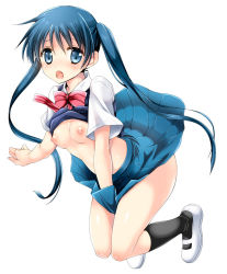 Rule 34 | 10s, 1girl, :o, between legs, black socks, blue eyes, blue skirt, blush, bow, bowtie, breasts, breasts out, clothes lift, full body, hand between legs, kin-iro mosaic, komichi aya, kurosawa kiyotaka, long hair, looking at viewer, mary janes, nipples, open mouth, pleated skirt, red bow, red bowtie, school uniform, shirt lift, shoes, short sleeves, skirt, skirt flip, skirt tug, small breasts, socks, solo, twintails, white footwear, wind, wind lift