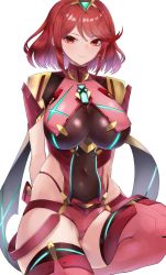 Rule 34 | 1girl, absurdres, blush, bob cut, breasts, chest jewel, circlet, cleavage, closed mouth, commentary request, covered navel, dangle earrings, earrings, headpiece, highres, jewelry, kataku musou, large breasts, looking at viewer, navel, pyra (xenoblade), red eyes, red hair, short hair, sitting, skindentation, solo, thighhighs, tiara, white background, xenoblade chronicles (series), xenoblade chronicles 2