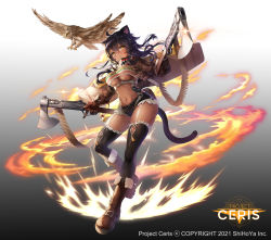 Rule 34 | 1girl, ahoge, aircraft wings, ammunition belt, animal, animal ears, apple caramel, axe, bird, black hair, black thighhighs, boots, breasts, brown footwear, cat ears, cat tail, character request, copyright name, dark-skinned female, dark skin, dual wielding, english text, fire, frown, full body, gradient background, grey background, gun, highres, holding, holding axe, holding weapon, knee boots, logo, medium breasts, navel, official art, project ceris, solo, tail, thighhighs, underboob, undercleavage, weapon, wings, yellow eyes