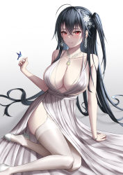 Rule 34 | 1girl, azur lane, backless dress, backless outfit, bare shoulders, bird, black hair, blue bird, breasts, center opening, cocktail dress, dress, earrings, evening gown, garter straps, hair between eyes, hair ornament, hair strand, high heels, highres, huge breasts, hummingbird, jewelry, naga (pixiv70891418), necklace, official alternate costume, plunging neckline, red eyes, satin dress, shoes, silver footwear, simple background, sleeveless, sleeveless dress, solo, taihou (azur lane), taihou (temptation on the sea breeze) (azur lane), thighhighs, wedding dress, white background, white dress, white garter straps, white thighhighs