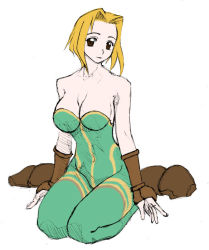 Rule 34 | 1girl, bare shoulders, blonde hair, brass knuckles, breasts, cleavage, female focus, final fantasy, final fantasy tactics, gauntlets, gloves, large breasts, misairu oppai, monk (fft), short hair, sitting, solo, unitard, wariza, weapon, white background