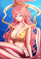 Rule 34 | 10s, 1girl, 2013, blue eyes, breasts, bubble, cleavage, collarbone, crying, crying with eyes open, dated, earrings, female focus, fish hair ornament, hair ornament, hairclip, highres, jewelry, large breasts, long hair, mermaid, monster girl, navel, one piece, pink hair, princess, sad, scales, shell, shell earrings, shirahoshi, signature, solo, streaming tears, striped, striped tail, tail, tears, underwater, very long hair, zerg309