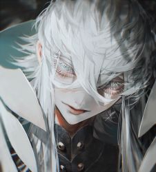 Rule 34 | 1boy, asclepius (fate), au (d elete), close-up, collar, eyelashes, fate/grand order, fate (series), green eyes, hair between eyes, hood, light, long hair, looking at viewer, male focus, pale skin, portrait, solo, upper body, white hair