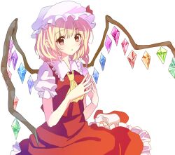 Rule 34 | 1girl, ascot, blonde hair, bobby socks, breasts, collared shirt, crystal, flandre scarlet, foot out of frame, frilled shirt collar, frilled skirt, frills, hat, high heels, looking at viewer, medium hair, mob cap, multicolored wings, open mouth, own hands together, puffy short sleeves, puffy sleeves, red eyes, red footwear, red skirt, red vest, shirt, short sleeves, simple background, sitting, skirt, small breasts, socks, solo, steepled fingers, touhou, vest, white background, white hat, white shirt, white socks, wings, yellow ascot, yoshioka pochi