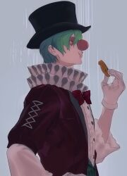 Rule 34 | 1boy, :t, black hat, blue eyes, bow, bowtie, buttons, chewing, clown nose, commentary, cookie, eating, facepaint, final fantasy, final fantasy xiv, food, from side, gloves, green hair, grey background, hair between eyes, hand on own hip, hand up, hat, highres, holding, holding cookie, holding food, hyur, jacket, looking at viewer, male focus, neck ruff, nozouko, papa gruff, red bow, red bowtie, red jacket, short hair, sideways glance, simple background, solo, top hat, upper body, white gloves