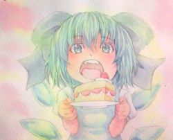 Rule 34 | 1girl, acrylic paint (medium), blue eyes, blue hair, bow, cake, cirno, dress, food, fruit, giving, gradient background, graphite (medium), hair bow, highres, looking at viewer, matching hair/eyes, open mouth, painting (medium), plate, puffy short sleeves, puffy sleeves, short hair, short sleeves, solo, strawberry, strawberry shortcake, touhou, traditional media, upper body, watercolor (medium), wings, yuyu (00365676)