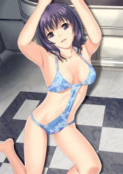 Rule 34 | 1girl, armpits, bare legs, barefoot, breasts, checkered floor, cleavage, face, floor, kneeling, legs, one-piece swimsuit, open mouth, purple eyes, purple hair, short hair, solo, swimsuit, tateichi