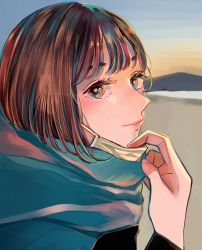 Rule 34 | 1girl, absurdres, aqua eyes, blush, bob cut, brown hair, hand up, highres, huge filesize, looking at viewer, mask, mask pull, medium hair, mouth mask, multicolored eyes, original, outdoors, portrait, red eyes, richard-kun, smile, solo, surgical mask, white mask