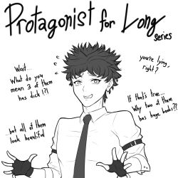 Rule 34 | 1boy, arm belt, band-width, english text, fingerless gloves, flying sweatdrops, gloves, greyscale, highres, male focus, monochrome, necktie, nervous smile, original, shirt, short hair, smile, solo, spiked hair, upper body