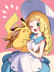 Rule 34 | 1girl, ;d, affectionate, blonde hair, blush, braid, cheek-to-cheek, collared dress, commentary request, creatures (company), dress, eyelashes, game freak, gen 1 pokemon, green eyes, happy, hat, heads together, highres, holding, holding pokemon, kinocopro, lillie (pokemon), long hair, nintendo, one eye closed, open mouth, outline, pikachu, pink background, pokemon, pokemon (creature), pokemon sm, sleeveless, sleeveless dress, smile, sun hat, sundress, tongue, white dress, white headwear