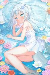 Rule 34 | 1girl, blue eyes, blue flower, blue hair, clenched teeth, commentary request, dress, flower, gawr gura, highres, hololive, hololive english, legs, long hair, looking at viewer, lying, multicolored hair, on side, pink flower, sleeveless, sleeveless dress, smile, solo, takumi11, teeth, thighs, two-tone hair, two side up, virtual youtuber, wet, white dress, yellow flower