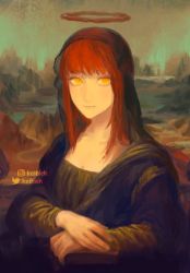 Rule 34 | 1girl, alternate costume, braid, chainsaw man, fine art parody, halo, highres, keibleh, long hair, looking at viewer, makima (chainsaw man), meme, mona lisa, parody, red hair, red halo, ringed eyes, simple background, sitting, smile, solo, yellow eyes