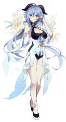 Rule 34 | 1girl, absurdres, ahoge, alternate costume, annlin, bare shoulders, bell, blue flower, blue hair, blush, breasts, cleavage, detached sleeves, floral background, flower, full body, ganyu (genshin impact), genshin impact, glaze lily, high heels, highres, horns, legs together, long hair, looking at viewer, medium breasts, purple eyes, sidelocks, smile, solo, standing, swimsuit, thighs