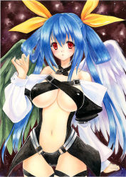 Rule 34 | 1girl, arc system works, asymmetrical wings, blue hair, bow, breasts, choker, dizzy (guilty gear), guilty gear, hair bow, hair rings, large breasts, long hair, midriff, nami pontax, navel, painting (medium), red eyes, solo, traditional media, twintails, underboob, watercolor (medium), wings