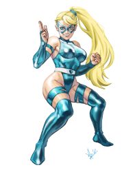 Rule 34 | 1girl, alternate hairstyle, blonde hair, blue eyes, blue gloves, blue leotard, boots, breasts, bridal gauntlets, clenched hand, cosplay, diepod, domino mask, elbow gloves, fighting stance, full body, gloves, highleg, highleg leotard, large breasts, leotard, long hair, marvel, mask, psylocke, psylocke (cosplay), rainbow mika, salute, side ponytail, solo, street fighter, thigh boots, thigh strap, thighhighs, two-finger salute, very long hair, white background, x-men