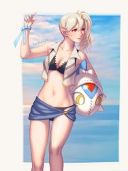 Rule 34 | 1girl, beach, bellhenge, bikini, blue nails, breasts, cleavage, cloud, collarbone, corrin (female) (fire emblem), corrin (fire emblem), cowboy shot, crop top, fire emblem, fire emblem fates, highres, lilith (fire emblem), md5 mismatch, nail polish, navel, nintendo, pointy ears, red eyes, resized, resolution mismatch, side ponytail, silver hair, smile, solo, source smaller, stomach, super smash bros., swimsuit, upscaled, vest