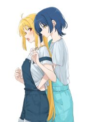 Rule 34 | 2girls, ahoge, aqua overalls, blonde hair, blue overalls, blush, bocchi the rock!, closed mouth, feet out of frame, furrowed brow, hand on another&#039;s crotch, hand under clothes, highres, ijichi nijika, kanaria hisagi, long hair, looking at another, mole, mole under eye, multiple girls, open mouth, overalls, red eyes, shirt, short hair, short sleeves, side ponytail, sidelocks, standing, upper body, very long hair, white background, white shirt, yamada ryo, yellow eyes, yuri