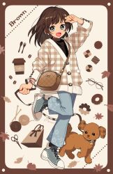 Rule 34 | 1girl, :d, animal, arisa (aren), arm up, artist name, bag, black eyes, black sweater, blue eyes, blue footwear, blue pants, blush, border, brown bag, brown border, brown cardigan, brown hair, buttoned cuffs, buttons, cardigan, coffee beans, coffee cup, commentary, cookie, cup, denim, disposable cup, dog, doughnut, flower button, food, fork, full body, glasses, handbag, highres, holding, holding leash, jeans, leaf, leash, leg up, long hair, long sleeves, looking at viewer, open mouth, original, pants, plaid, plaid cardigan, scissors, shoes, shoulder bag, signature, smile, sneakers, solo, spoon, standing, standing on one leg, sweater, turtleneck, turtleneck sweater, white footwear, yarn, yarn ball