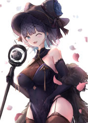 Rule 34 | 1girl, absurdres, azur lane, bare shoulders, black thighhighs, blue flower, blue rose, blunt bangs, blush, breasts, capelet, cheshire (azur lane), cheshire (cait sith crooner) (azur lane), china dress, chinese clothes, cleavage, covered navel, dress, elbow gloves, fang, flower, fur-trimmed capelet, fur trim, garter straps, gloves, green eyes, hat, hat flower, hat ribbon, highres, holding, holding microphone, large breasts, looking at viewer, microphone, official alternate costume, one eye closed, open mouth, petals, purple dress, purple gloves, purple hair, purple hat, ribbon, rose, see-through, see-through cleavage, short hair, simple background, sleeveless, sleeveless dress, smile, solo, thighhighs, wat4si, white background