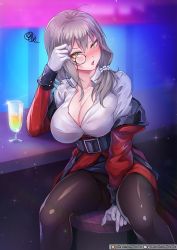 Rule 34 | 1girl, ahoge, belt, black belt, black pantyhose, blush, breasts, cleavage, commentary request, drunk, girls&#039; frontline, glass, gloves, grey hair, griffin &amp; kryuger military uniform, hair between eyes, hair ornament, helianthus (girls&#039; frontline), jacket, large breasts, long hair, long sleeves, looking at viewer, monocle, open mouth, pantyhose, rebe11, red jacket, shirt, solo, squeans, white gloves, white shirt, yellow eyes
