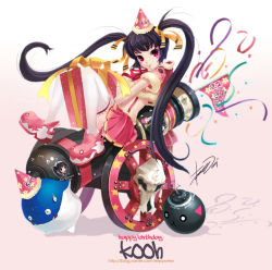 Rule 34 | 1girl, bomb, cannon, confetti, dolfini, easycrew, explosive, gift, hat, kooh, lee byung hee, legs, pangya, party hat, skull, solo, thighhighs, twintails