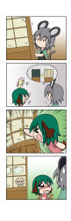Rule 34 | &gt;:d, &gt; &lt;, +++, 3girls, 4koma, :d, ^^^, absurdres, animal ears, arrow (symbol), blonde hair, capelet, chibi, closed eyes, comic, crossed bandaids, crying, door, gradient background, green hair, grey hair, hat, highres, injury, kasodani kyouko, lily white, mini person, minigirl, mouse ears, mouse tail, multiple girls, nazrin, open mouth, rakugaki-biyori, silent comic, smile, sweatdrop, tail, tearing up, tears, touhou, v-shaped eyebrows, xd