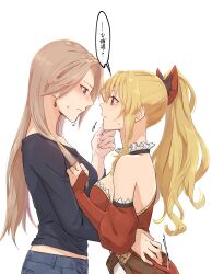 2girls black_bow blonde_hair blush bow breasts brown_hair choker cleavage collarbone commentary_request couple dress earrings gem granblue_fantasy hair_bow high_ponytail highres jewelry katalina_(granblue_fantasy) lace lace_choker long_hair looking_at_another medium_breasts miso-ha_(ukyuu) multiple_girls pants ponytail red_bow red_eyes red_gemstone red_sleeves shirt smile straight_hair strapless strapless_dress translation_request two-tone_bow vira_(granblue_fantasy) yuri