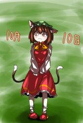 Rule 34 | 1girl, animal ear fluff, animal ears, blush, bow, bowtie, brown eyes, brown hair, cat ears, chen, closed mouth, commentary request, earrings, flat chest, full body, gold trim, green background, hat, highres, jewelry, kataba (user vdek5387), looking to the side, mob cap, multiple tails, nekomata, orange eyes, petite, petticoat, pigeon-toed, red footwear, red skirt, red vest, simple background, single earring, skirt, skirt set, solo, standing, tail, touhou, two tails, uneven eyes, v arms, vest, yellow bow, yellow bowtie