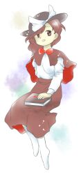 Rule 34 | 1girl, :d, black hat, book, bow, bowtie, brown capelet, brown eyes, brown hair, brown skirt, capelet, full body, hat, hat bow, medium hair, nonamejd, official style, open mouth, red bow, red bowtie, red capelet, red skirt, shirt, sitting, skirt, smile, socks, solo, touhou, two-sided capelet, two-sided fabric, two-sided skirt, two-tone capelet, two-tone skirt, usami renko, white bow, white shirt, white socks, zun (style)