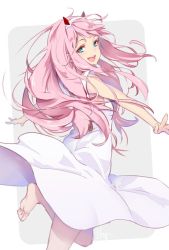 Rule 34 | 10s, 1girl, aqua eyes, darling in the franxx, dress, hairband, hong (white spider), horns, long hair, looking at viewer, looking back, open mouth, pink hair, solo, white dress, white hairband, zero two (darling in the franxx)