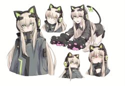 Rule 34 | 1girl, :&lt;, absurdres, alma01, animal ear headphones, animal ears, animal hands, black gloves, black jacket, black shirt, blush, bow, cat ear headphones, cat ears, cat paws, character name, closed mouth, collared shirt, commentary request, cropped torso, crying, crying with eyes open, drooling, fake animal ears, fang, fang out, frown, girls&#039; frontline, gloves, green eyes, hair between eyes, half gloves, hand up, head tilt, headphones, highres, jacket, light brown hair, long hair, long sleeves, looking at viewer, multiple views, nose blush, parted lips, paw gloves, saliva, shirt, simple background, tail, tail bow, tail ornament, tears, tmp (girls&#039; frontline), very long hair, white background