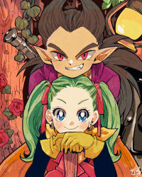 Rule 34 | 1boy, 1girl, black hair, blue eyes, bow, closed mouth, cowboy shot, dragon quest, dragon quest builders 2, earrings, female builder (dqb2), flower, gloves, green hair, grin, hair bow, hoop earrings, jewelry, long hair, looking at viewer, orange pants, pants, plant, pointy ears, purple shirt, red bow, red eyes, red flower, red gloves, red ribbon, red rose, ribbon, rose, scarf, serieru (summertosuika), shirt, sidoh (dqb2), smile, spiked hair, teeth, twintails, vines, yellow gloves, yellow scarf