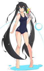 Rule 34 | 1girl, absurdres, barefoot, black hair, blue eyes, fictional persona, full body, green eyes, highres, legs, long hair, one-piece swimsuit, original, school swimsuit, self-portrait, solo, standing, swimsuit, takanashie, twintails, very long hair, water gun