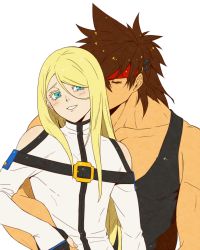 Rule 34 | 2boys, androgynous, bare shoulders, belt buckle, blonde hair, blue eyes, blush, brown hair, buckle, commentary request, closed eyes, guilty gear, hand on own hip, kiss, ky kiske, large pectorals, long hair, pectoral cleavage, male focus, multiple boys, muscular, muscular male, pale skin, pectorals, shirt, simple background, sleeveless, sleeveless shirt, sol badguy, tan, yaoi, yumeoti